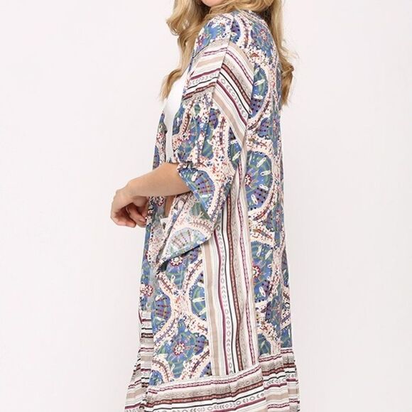 NWT! Beautiful Boho Mandala Tribal Print Ruffled Hem Kimono Duster Cardigan - Picture 3 of 7